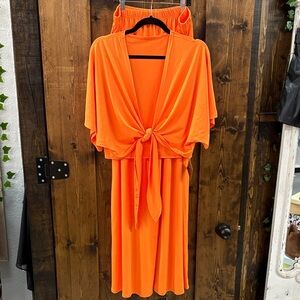 Vibrant Orange Tie-Front Kimono Top & Wide Leg Pants Set